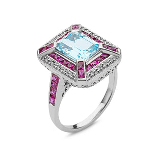 Aquamarine, Ruby and Diamond Cocktail Ring