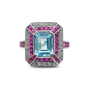 Aquamarine, Ruby and Diamond Cocktail Ring
