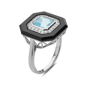 Aquamarine and Onyx Square Ring