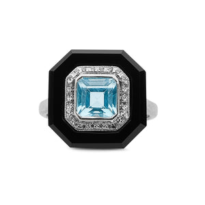 Aquamarine and Onyx Square Ring