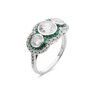 Diamond Three Stone Ring with Emeralds
