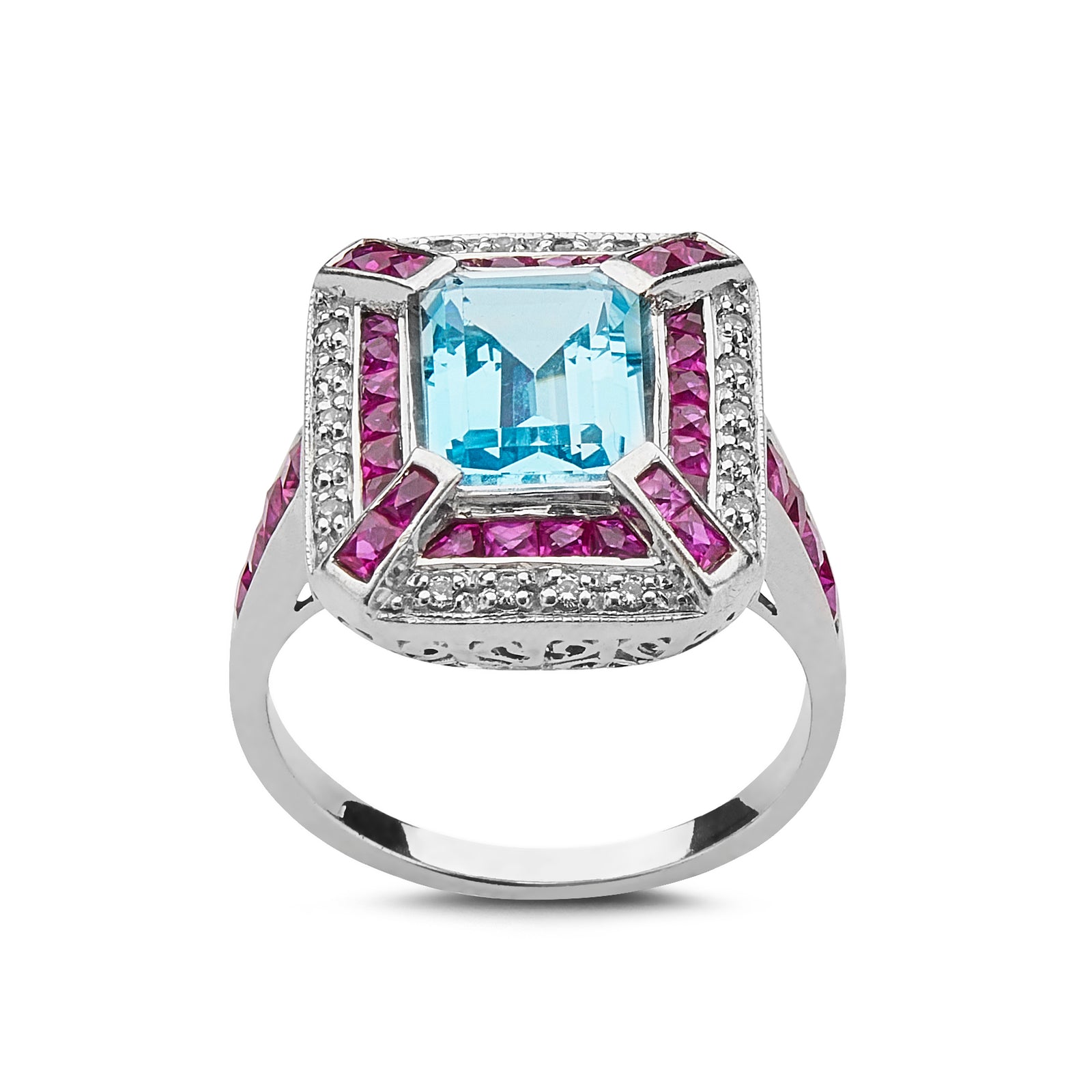 Aquamarine, Ruby and Diamond Cocktail Ring