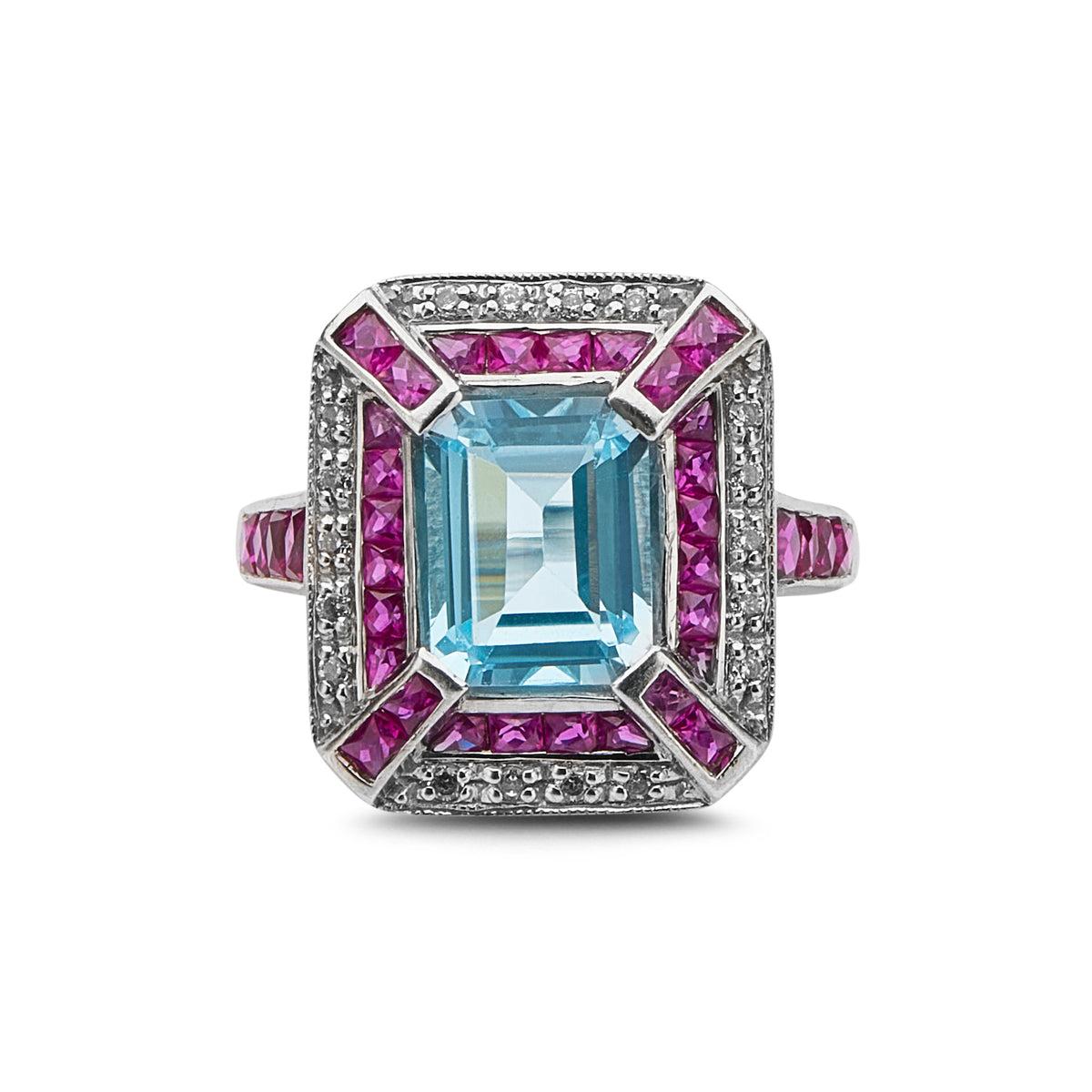 Aquamarine, Ruby and Diamond Cocktail Ring