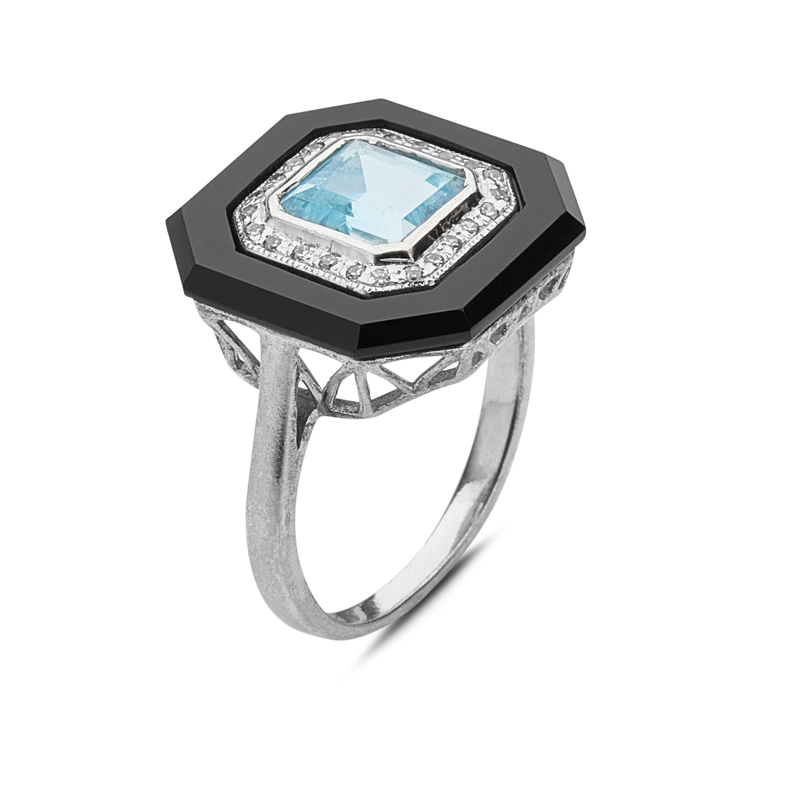 Aquamarine and Onyx Square Ring