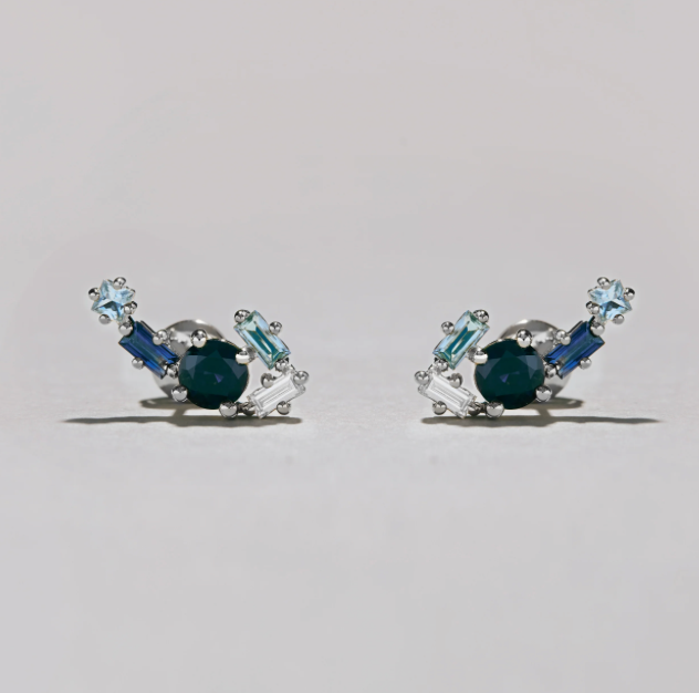 Sapphire, Diamond and Aqua Marine Stud Earrings