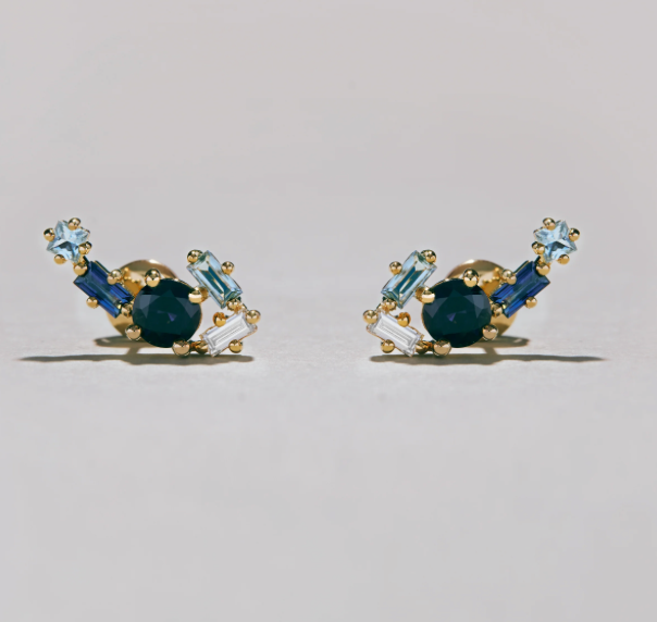 Sapphire, Diamond and Aqua Marine Stud Earrings