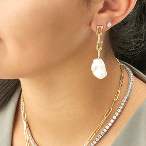 Baroque Pearl Drop Earrings set on a Paper Clip Chain