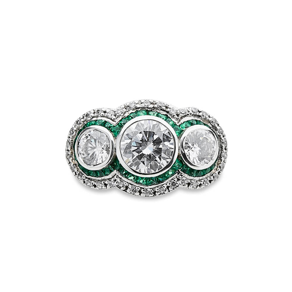 Diamond Three Stone Ring with Emeralds