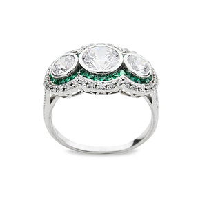 Diamond Three Stone Ring with Emeralds
