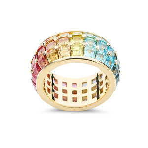 Wide Multicoloured Sapphire Princess Cut Ring